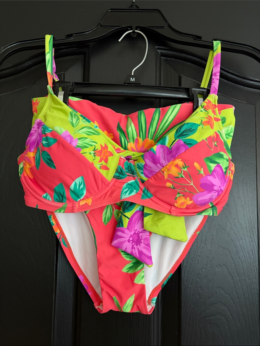 Floral Bikini Set in Coral & Lime - High-tie Waist